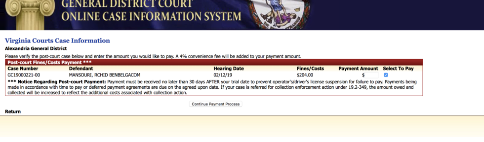 Processing payment page when you pay Virginia fines and costs online.