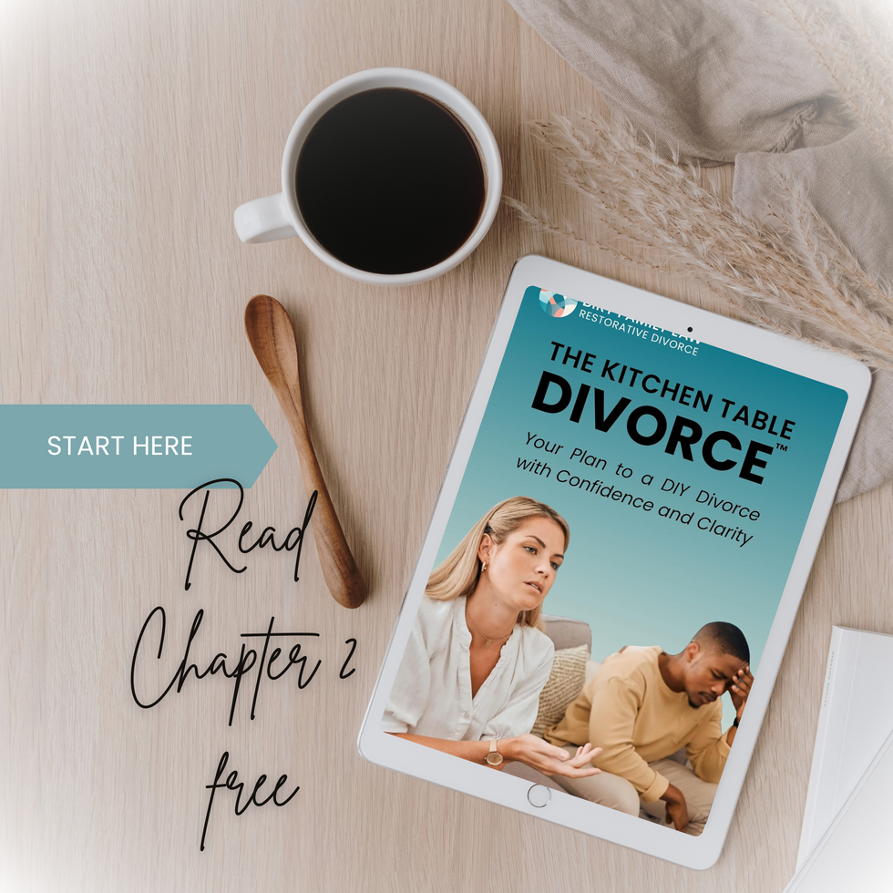 Flat lay of coffee cup, wooden spoon, and tablet displaying eBook ‘The Kitchen Table Divorce’ with call-to-action text: ‘Read Chapter 2 free’ and arrow reading ‘Start Here.