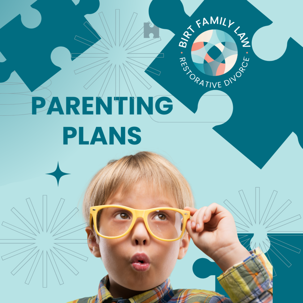 A young child in yellow glasses looking upward thoughtfully with puzzle pieces in the background. Branded graphic for parenting plans at Birt Family Law.
