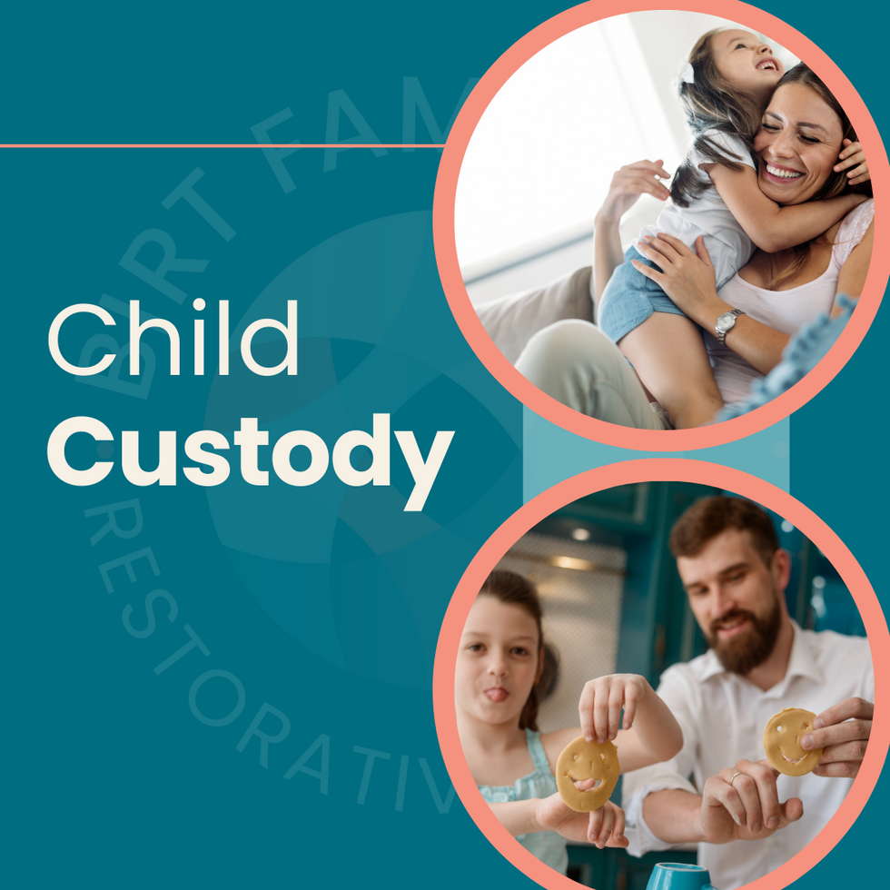 Mother hugging daughter and father baking with child, representing balanced, nurturing co-parenting in a child custody arrangement.