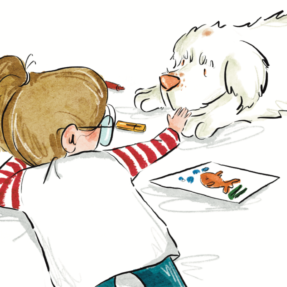 Watercolor picture of a young girl with light brown hair and glasses drawing with her companion animal a Clumber spaniel