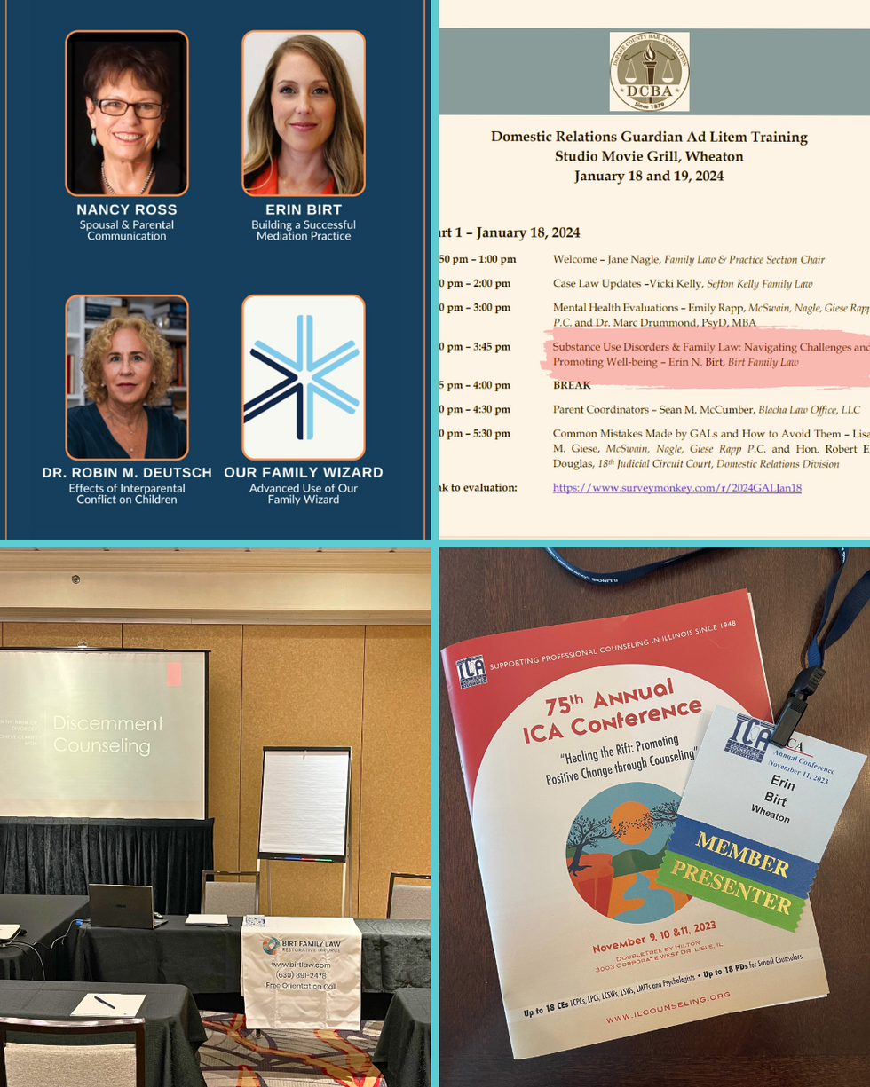 Collage showing Erin Birt presenting at professional trainings, conference materials, and speaking engagements related to mediation, family law, and interdisciplinary education.