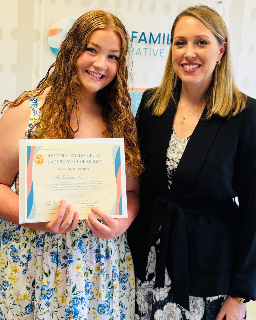 Erin Birt presents the 2026 Restorative Divorce Pathway Scholarship certificate to scholarship recipient McKenna during the award presentation.