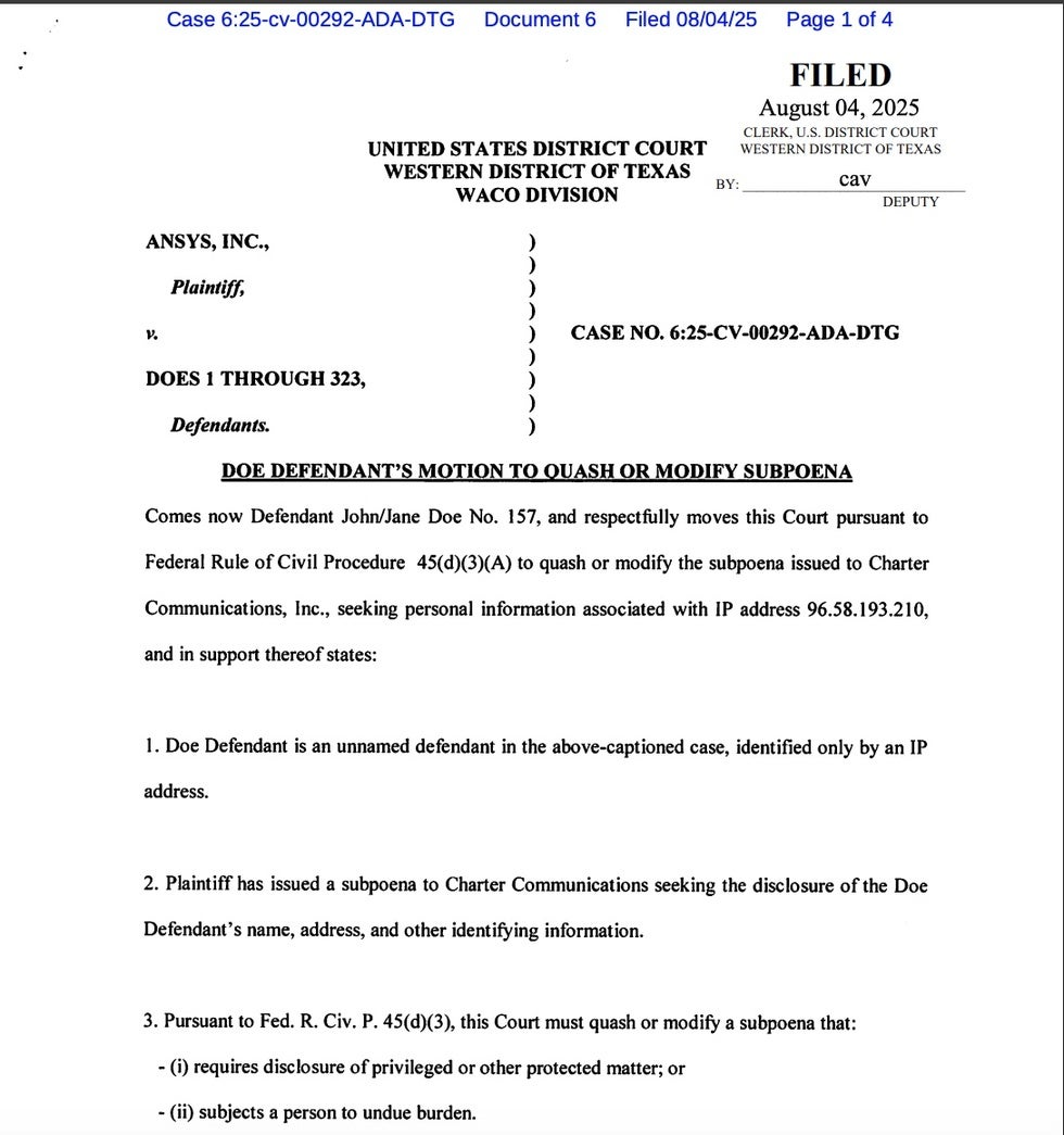 motion to quash Ansys subpoena
