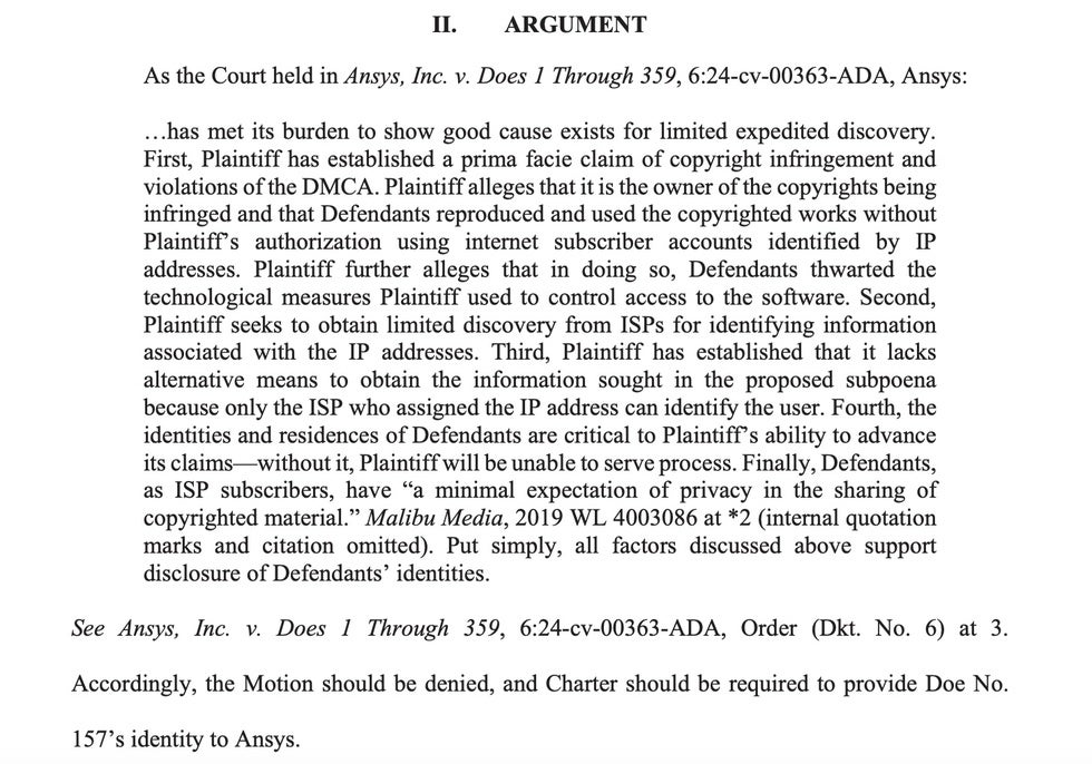 Ansys opposition to MTQ subpoena