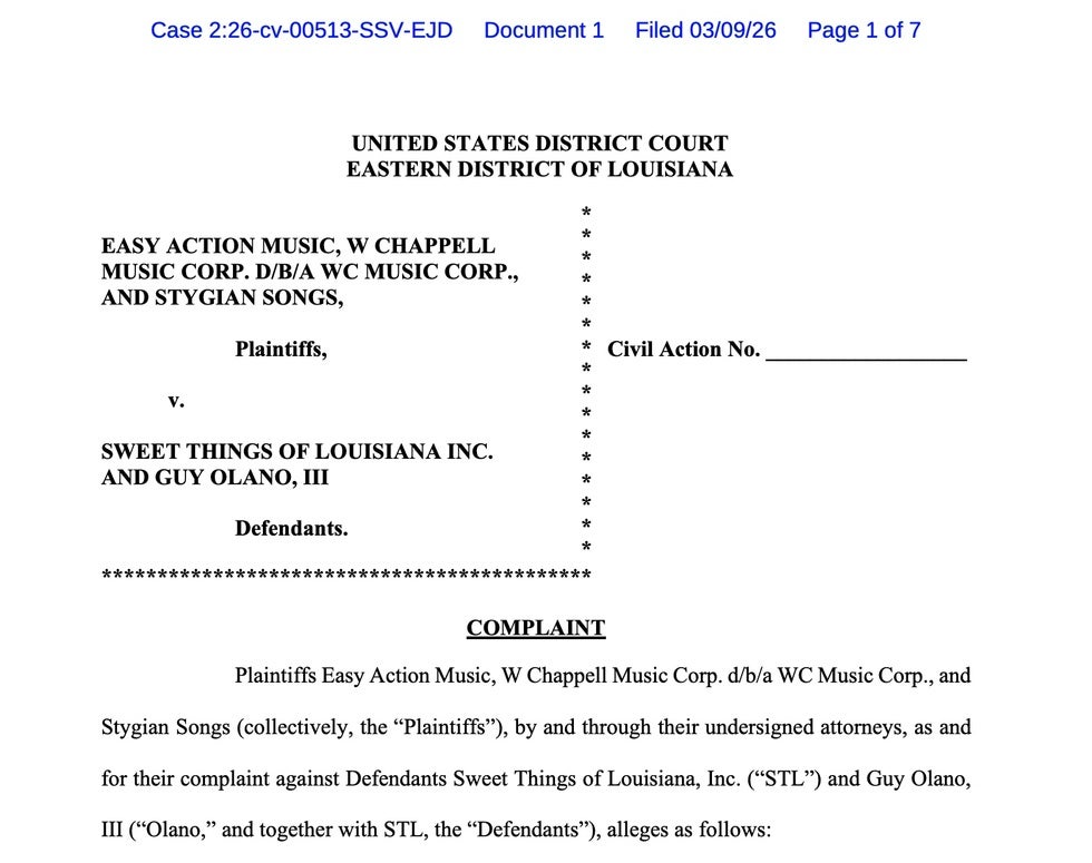 ASCAP lawsuit pleading page