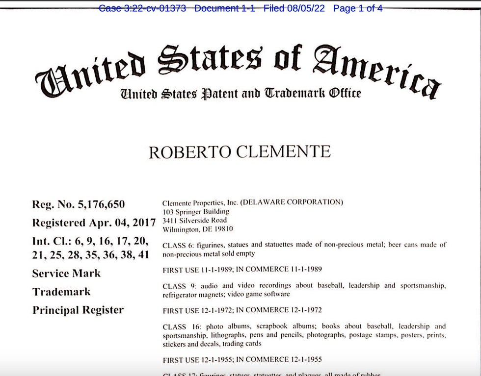 Roberto Clemente trademark registration certificate