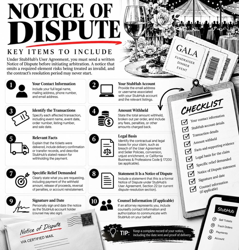 Items to include in StubHUB notice of dispute