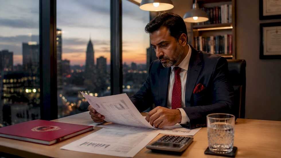 Man reviewing financial statements and valuation records beside a calculator