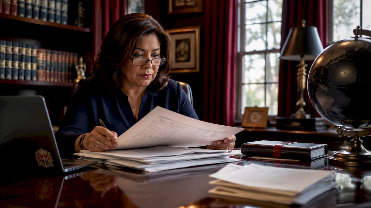 Woman reviewing trust and tax-planning papers at a desk beside a globe