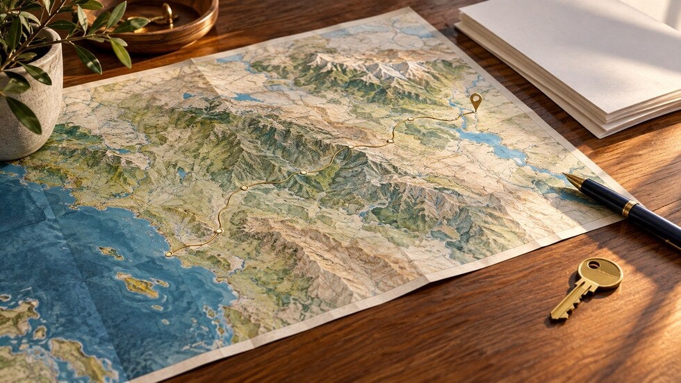 A route map, house key, pen, and planning papers illustrating risk exposure mapping before estate-planning documents