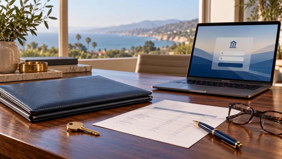 A legal planning folder, account inventory, brass key, and laptop illustrating coordinated bank access before incapacity