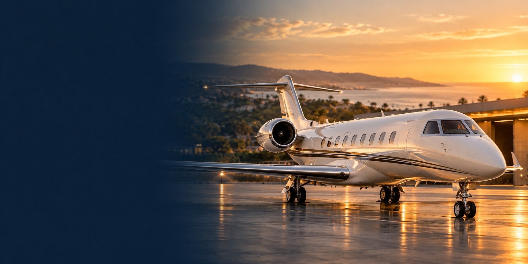 Private aircraft on a coastal runway at sunset
