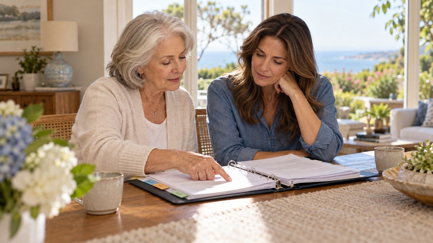 Mother and adult daughter reviewing an estate-planning binder together