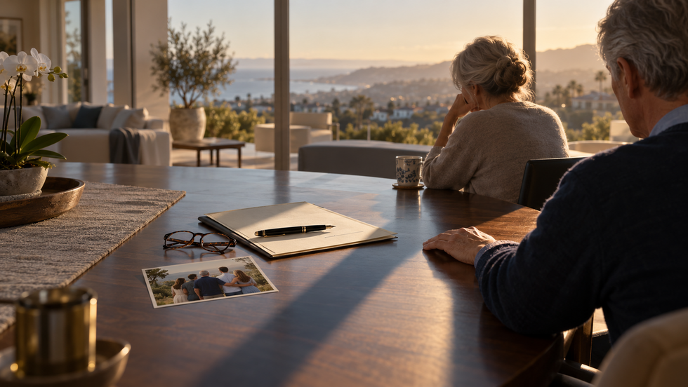 An older couple seated at a kitchen counter with planning papers and glasses