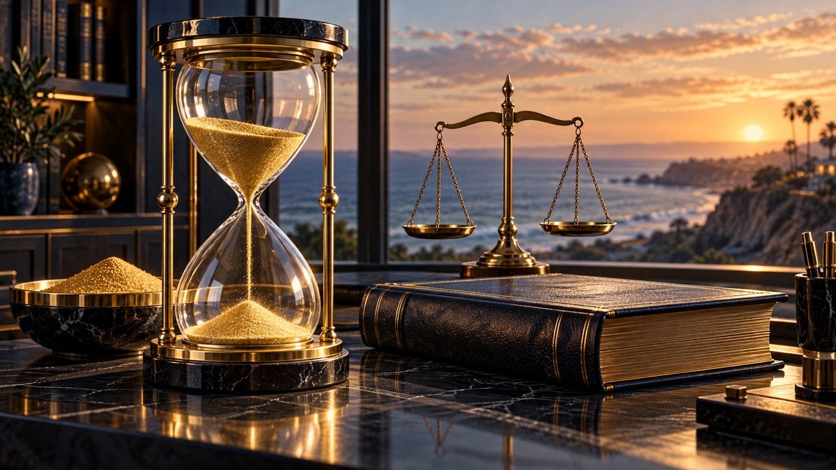 Gold-sand hourglass, ledger and balance overlooking the California coast