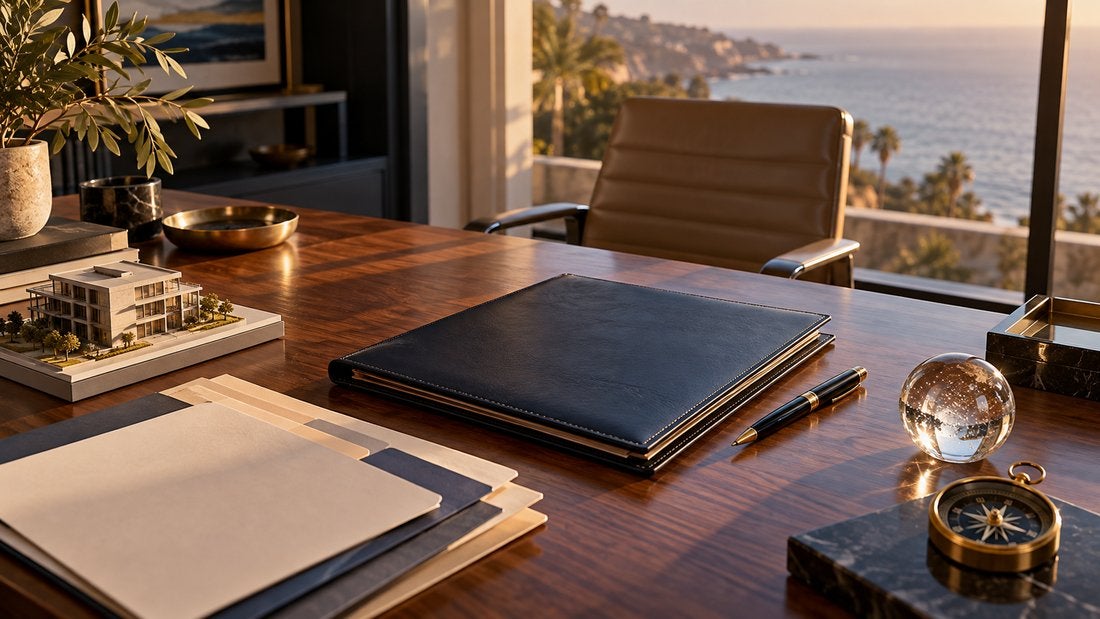 Transaction folder, pen, property model and compass on a planning desk