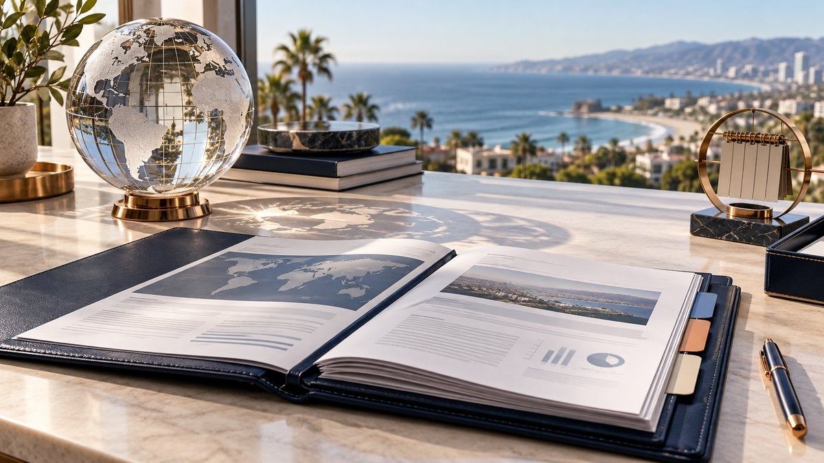 Policy review dossier, crystal globe and calendar on a coastal-office desk