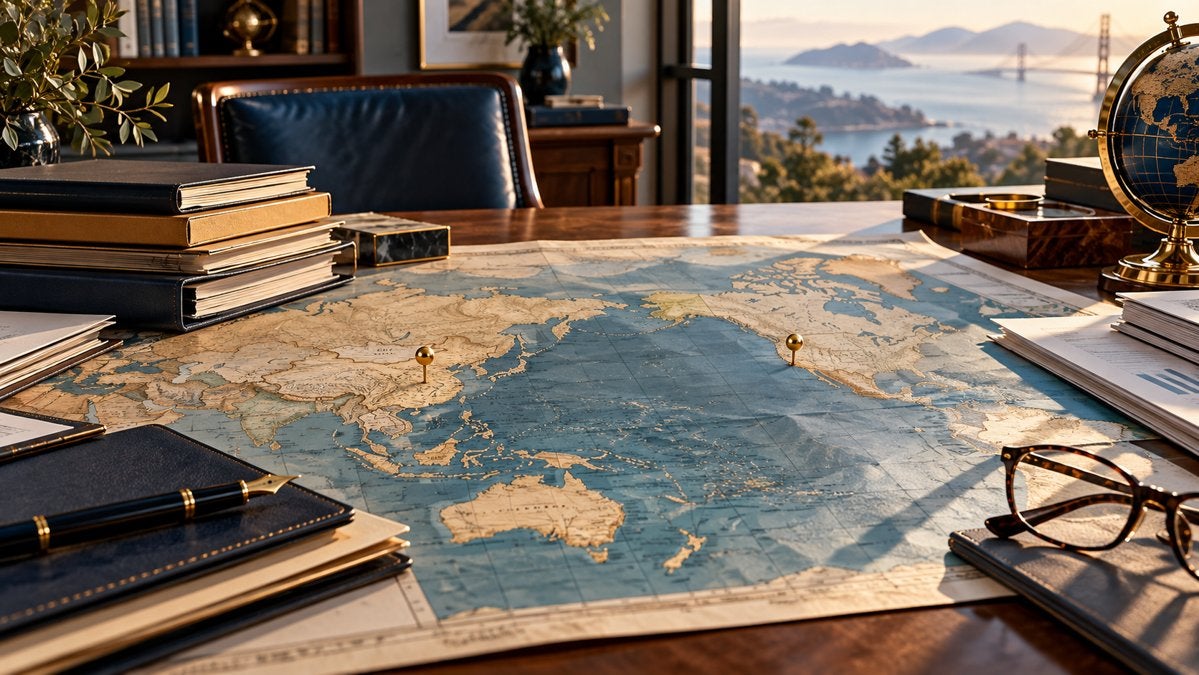 World map, trust records and planning documents linking China and California
