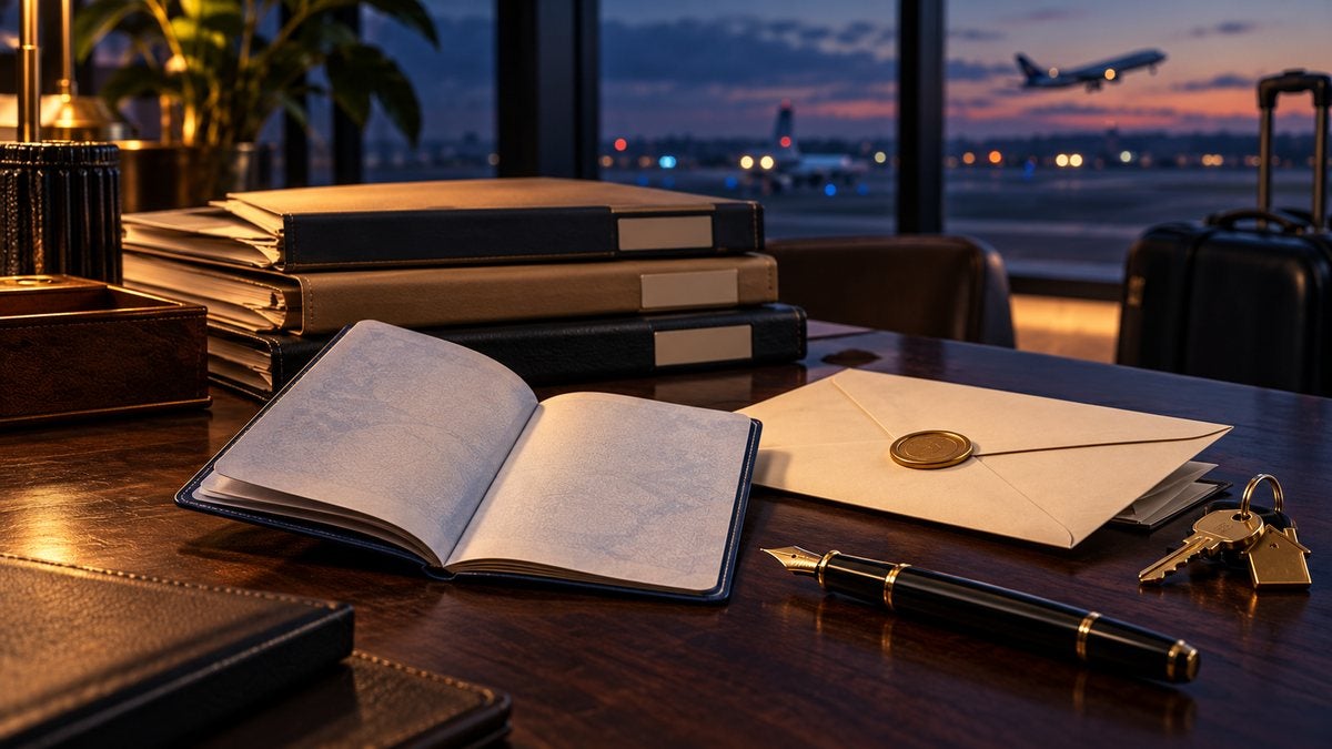 Open passport, sealed family envelope and records on a desk overlooking an airport