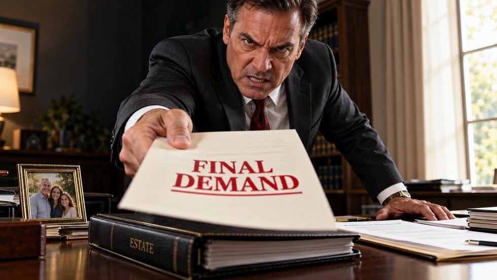 Hostile creditor presenting a final-demand letter across an estate-planning desk
