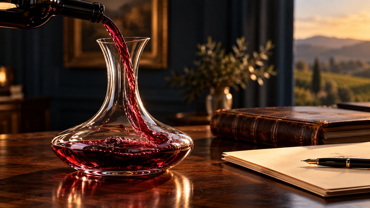 Ruby red wine poured into a crystal decanter beside a trust binder and planning papers