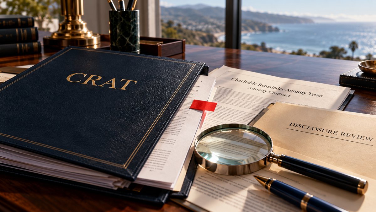 Charitable trust dossier with a red review flag, annuity papers and a disclosure-review folder