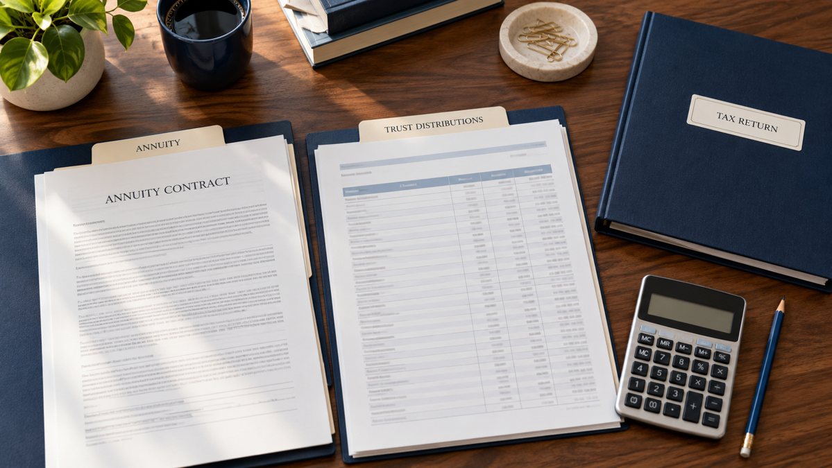 Annuity contract, trust distribution ledger and tax-return folder laid out for reconciliation