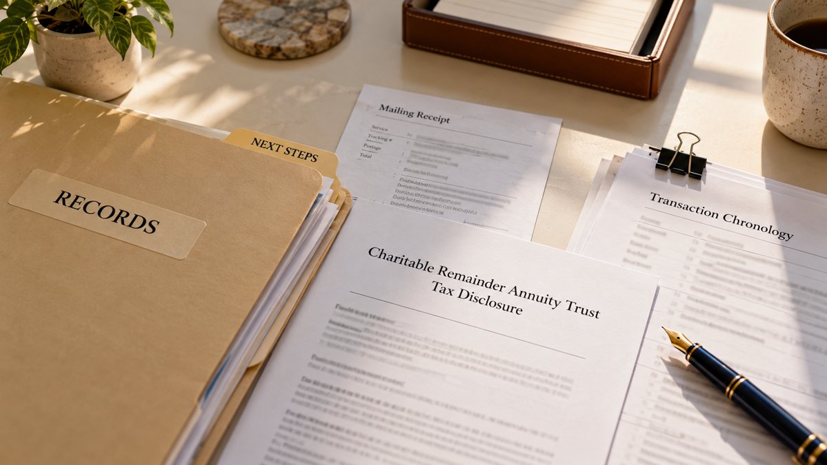 Disclosure records, mailing evidence and a transaction chronology organized for next steps