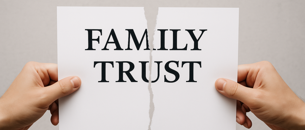 Image of a paper being ripped with "Family Trust" written