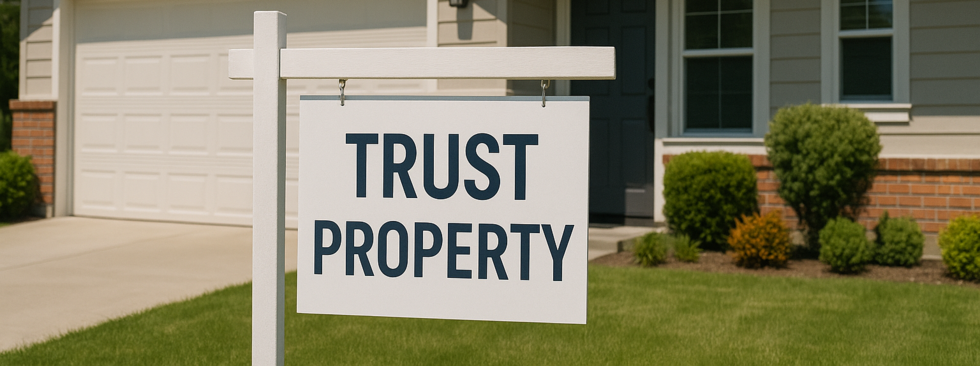 Image of a sign in front of a house with the words "Trust Property" written on it
