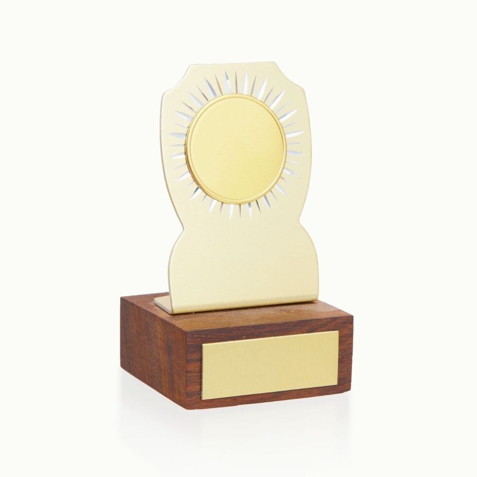 A gold "plaque" trophy on a wooden base. 