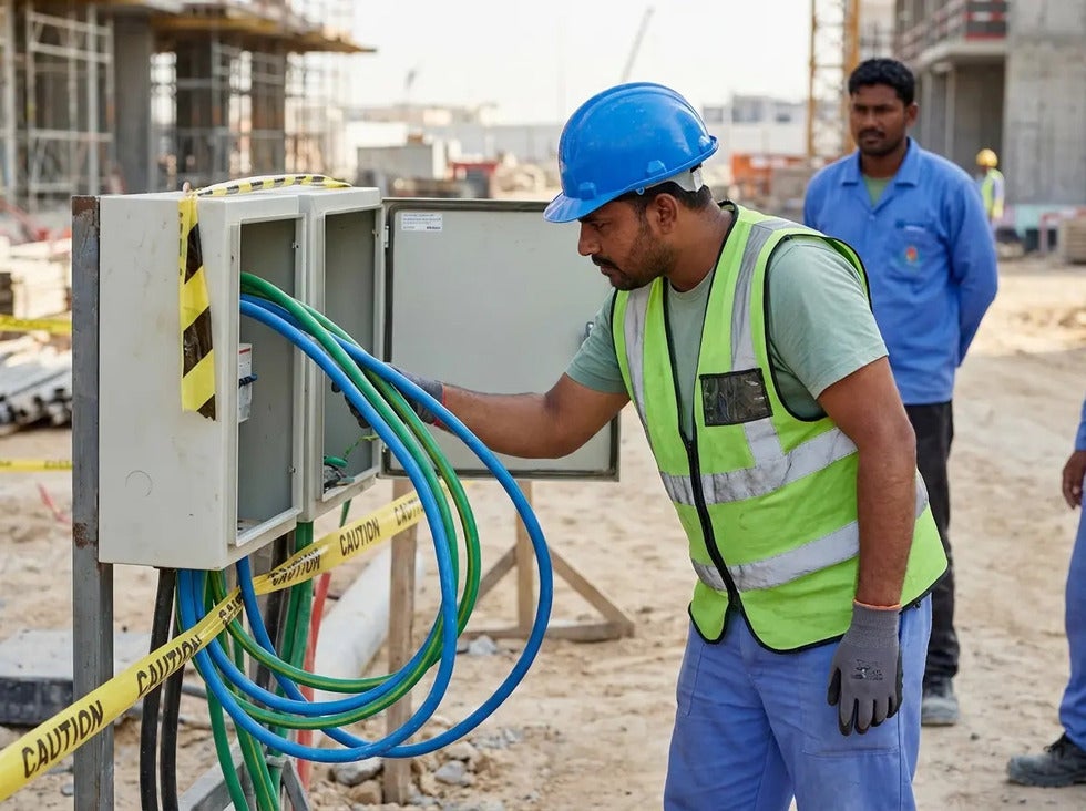 Construction worker adjusting power line
