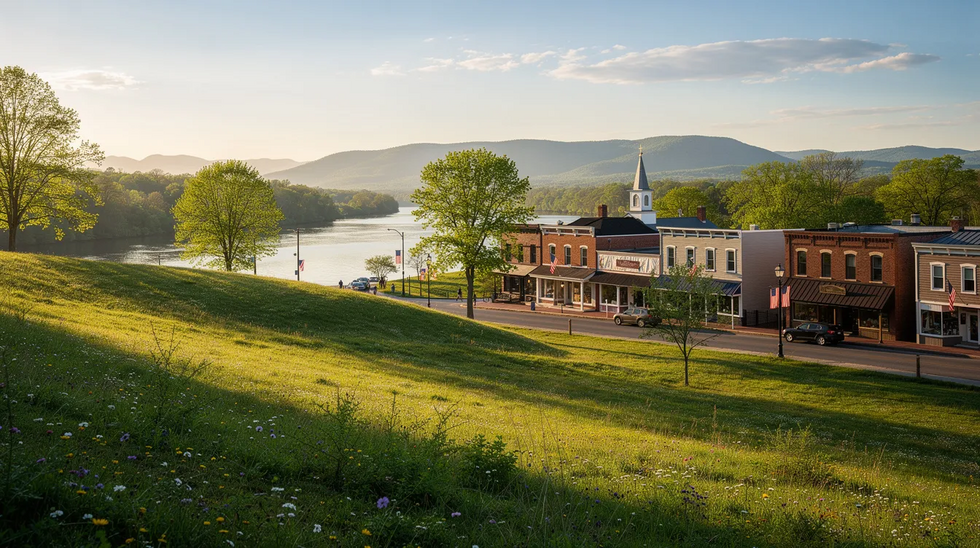 The image depicts a serene rural landscape of the Hudson Valley, featuring gently rolling hills and a quaint small-town main street in the background. This peaceful setting could symbolize the importance of proper legal advice and Medicaid planning strategies for families considering long-term care options, such as nursing home facilities or assisted living.