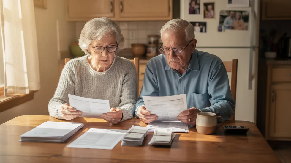 An elderly couple sits together at a kitchen table, carefully reviewing paperwork related to their Medicaid application and eligibility for nursing home services. Their focused expressions suggest they are discussing important legal strategies and planning for their long-term care needs.