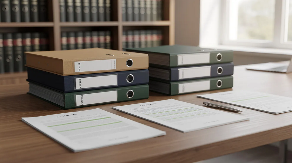 The image shows a professional office desk with neatly organized legal folders and documents, likely related to Medicaid planning and elder law. This setting suggests a focus on providing proper legal advice and assistance for individuals navigating the Medicaid application process and eligibility requirements.