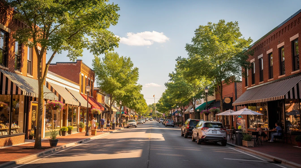The image depicts a picturesque small-town main street featuring charming brick storefronts and tree-lined sidewalks under a bright blue sky. This inviting scene reflects a vibrant community atmosphere, reminiscent of the importance of local resources, such as Medicaid planning attorneys in Orange County, NY, who assist families in navigating Medicaid eligibility and preserving assets for long-term care needs.