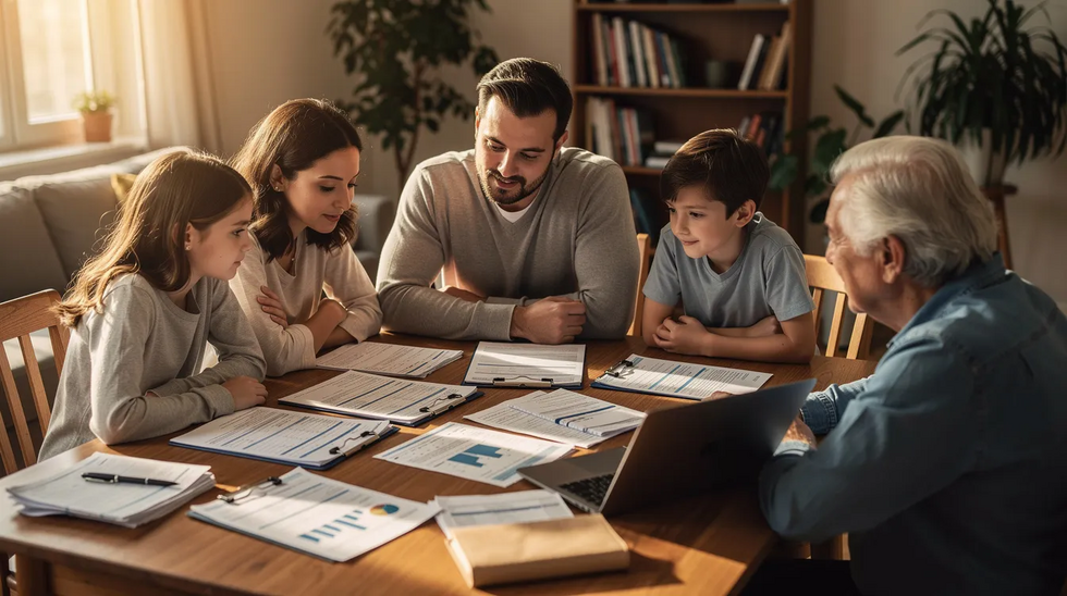 A family is gathered around a dining table, reviewing various estate planning documents, including a revocable living trust and other legal documents. They appear engaged in discussion, likely considering key steps for managing their assets and ensuring their loved ones' financial security.