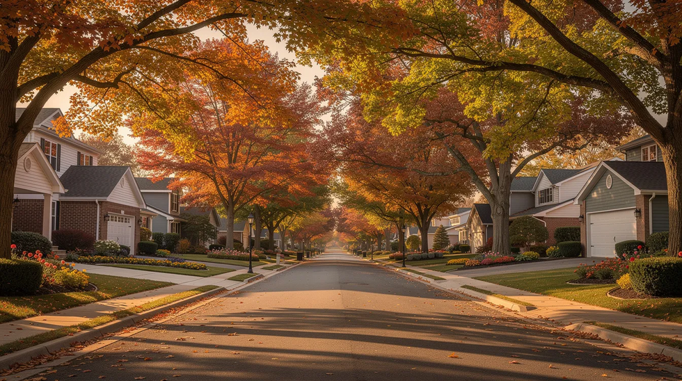 The image depicts a picturesque tree-lined suburban street adorned with well-maintained homes, showcasing vibrant autumn foliage. This serene neighborhood offers a glimpse into family life, where estate planning, such as setting up a revocable living trust, can help manage personal property and ensure that loved ones are cared for in the future.