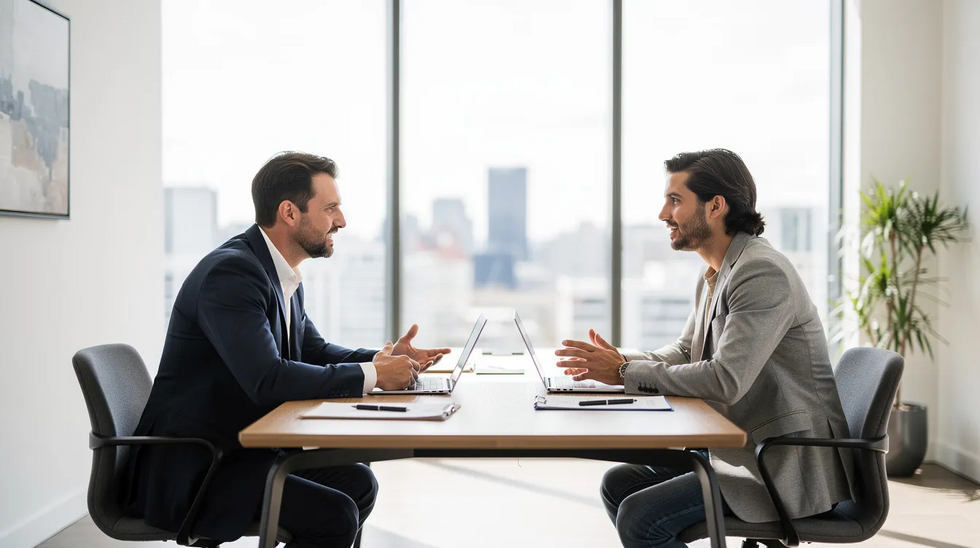The image shows two professionals engaged in a discussion across a desk in a well-lit office, likely discussing important aspects of estate planning, including the creation of a revocable living trust and the role of a successor trustee. The setting suggests a focus on legal matters, emphasizing the importance of trust documents and estate planning strategies for managing assets and ensuring beneficiaries receive their inheritances smoothly.