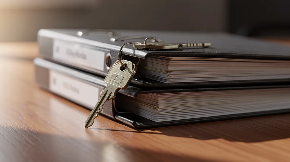 The image depicts a house key resting atop a stack of legal folders on a wooden desk, symbolizing the importance of estate planning documents like a revocable living trust. This scene evokes the legal process involved in managing trust assets and ensuring that a grantor's wishes are fulfilled for their family members.