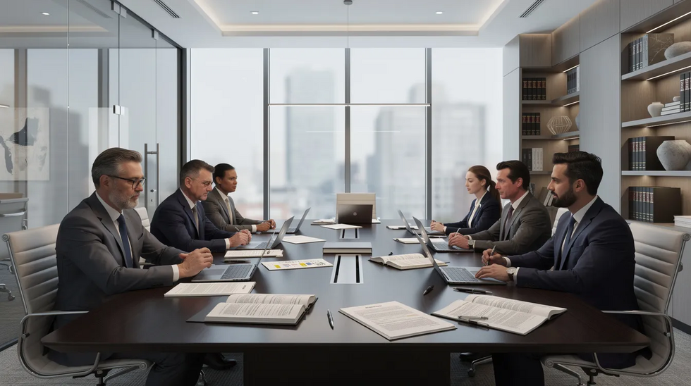 The image depicts a professional meeting in a modern law office, featuring a conference table covered with various legal documents, including trust documents related to estate planning. Participants are engaged in discussion, likely addressing key steps for establishing a revocable living trust and discussing the roles of successor trustees and beneficiaries in managing trust assets.
