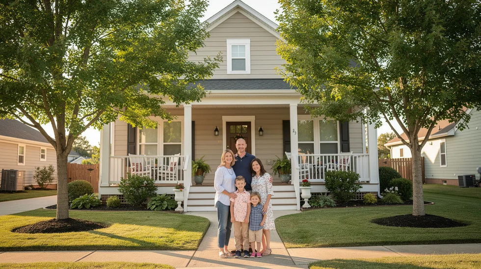 A happy family stands together outside their traditional home, surrounded by lush green trees and a welcoming front porch in a suburban neighborhood. This image reflects the importance of family support in navigating medicaid asset protection trusts and medicaid planning for long-term care needs.