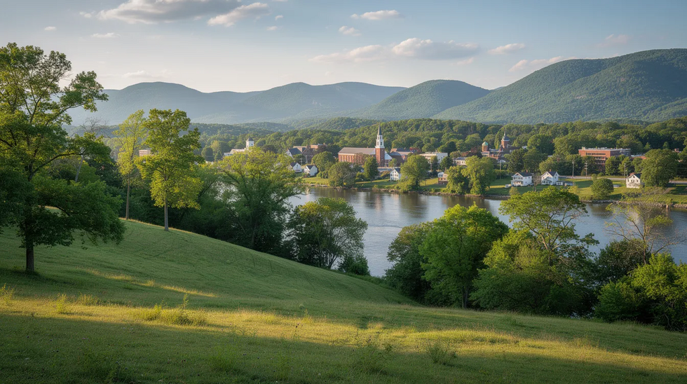 The image depicts a picturesque Hudson Valley landscape featuring rolling green hills and a quaint small town nestled in the distance, creating a serene and inviting atmosphere. This scenic view highlights the natural beauty of the area, which may evoke thoughts of community and family, important aspects when considering medicaid asset protection planning for future needs.