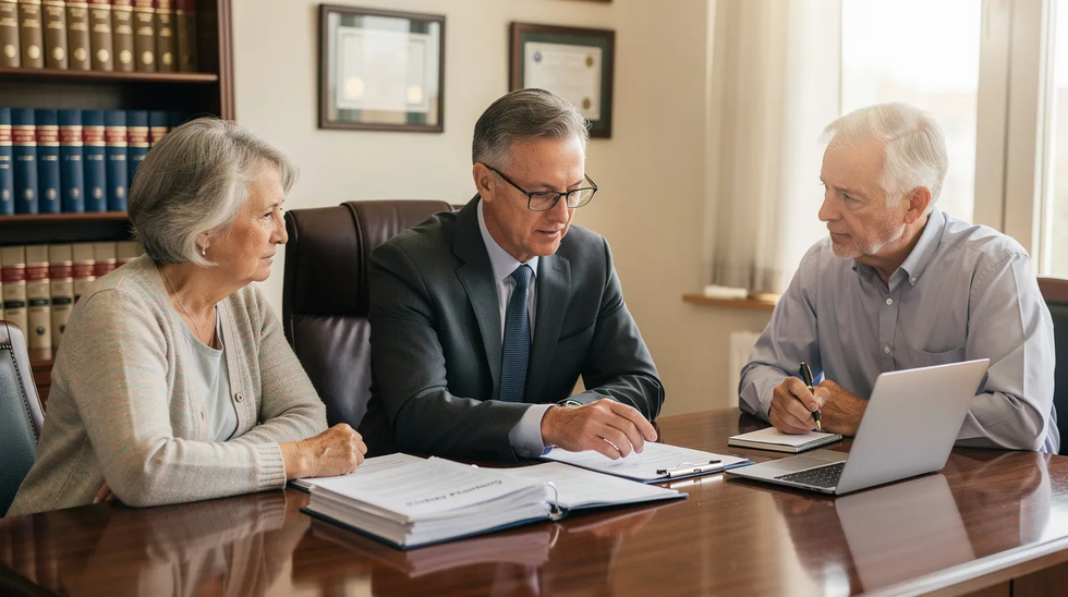 An elder law attorney is seated at a desk in a professional office, reviewing documents with an older couple who appear engaged and focused. The setting suggests a discussion about medicaid asset protection and planning options to help preserve assets while navigating medicaid eligibility and benefits.