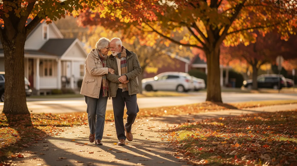 An older couple walks hand in hand along a picturesque tree-lined path in a small town, surrounded by vibrant autumn foliage. This serene scene reflects the importance of planning for long-term care and medicaid asset protection as they enjoy their time together.