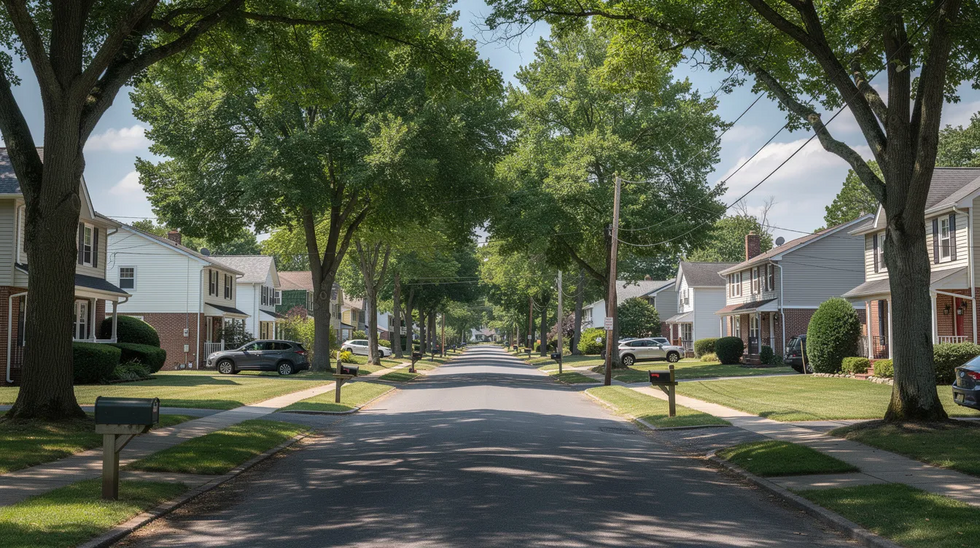 The image depicts a serene tree-lined residential street in a suburban New Jersey neighborhood, featuring well-kept homes and lush green lawns, reflecting a peaceful community atmosphere. This tranquil setting highlights the importance of estate planning and the benefits of a revocable living trust for families wanting to maintain control and protect their assets.