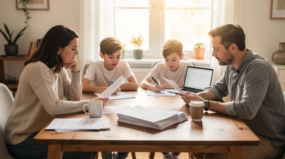 A family is gathered around a dining table, reviewing important documents related to estate planning, with coffee cups and a laptop nearby. They appear engaged in discussions about their living trust and the key benefits of proper asset distribution to avoid probate and protect their financial accounts.