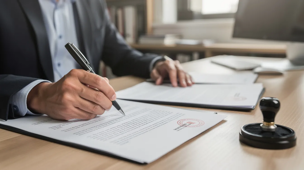 An individual is seated at a desk, signing legal documents related to a revocable living trust, with a notary stamp and various paperwork visible. The scene emphasizes the importance of estate planning, showcasing the legal process of transferring assets and maintaining control over personal property.