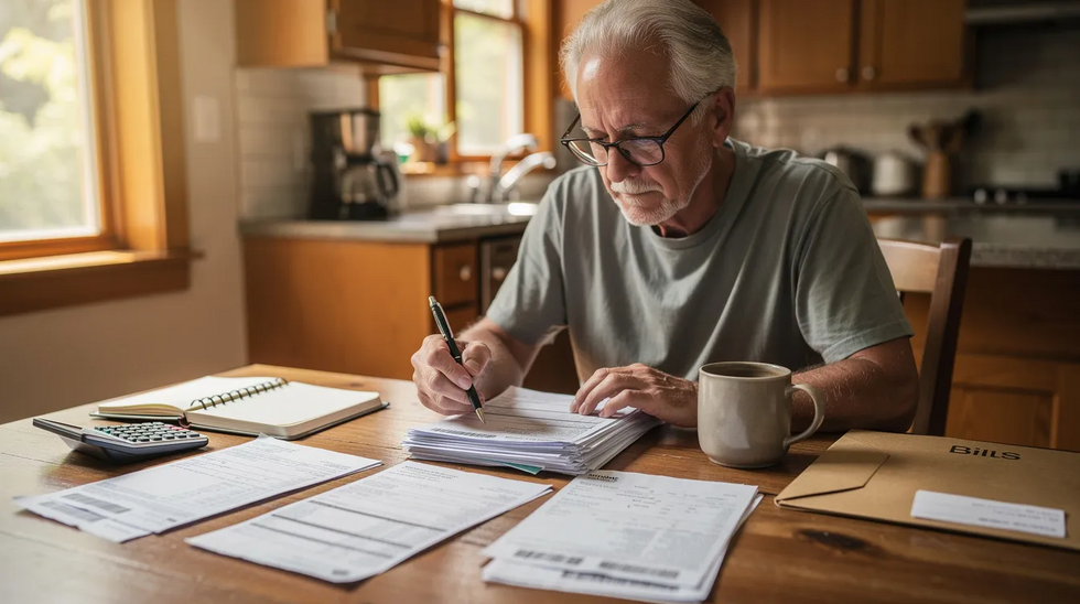 An older adult is seated at a kitchen table, carefully reviewing financial paperwork that likely pertains to their Medicaid eligibility and income limits. The scene suggests a focus on managing medical costs and understanding Medicaid benefits, possibly in relation to New York's Medicaid programs.
